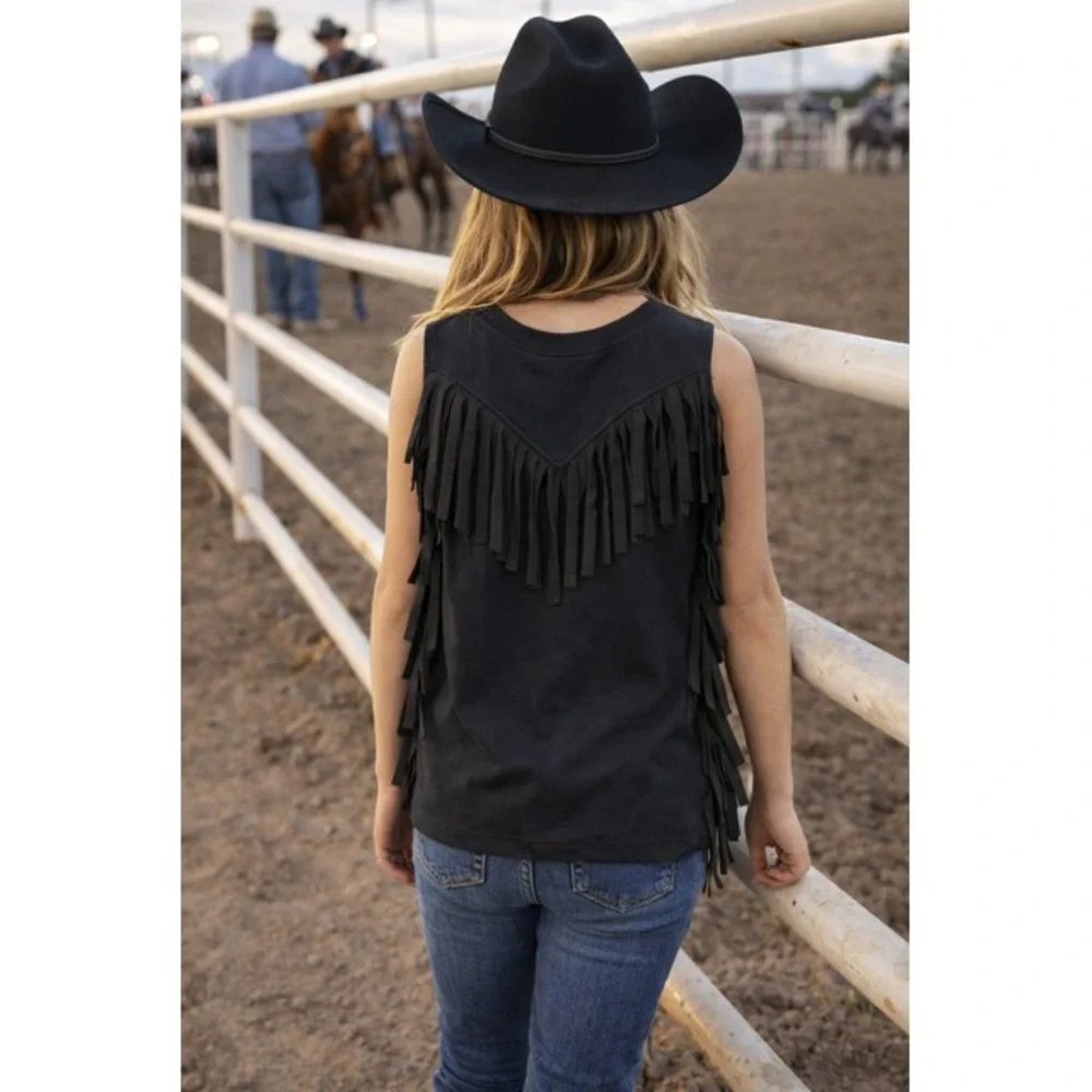 NWT BEBE Girls Black 10/12 Western Glitter Spellout Fringed Goth Goblin Boho Top